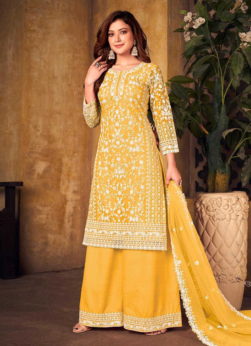 Yellow Color Embroidered Top Palazzo Dress Online For Sale