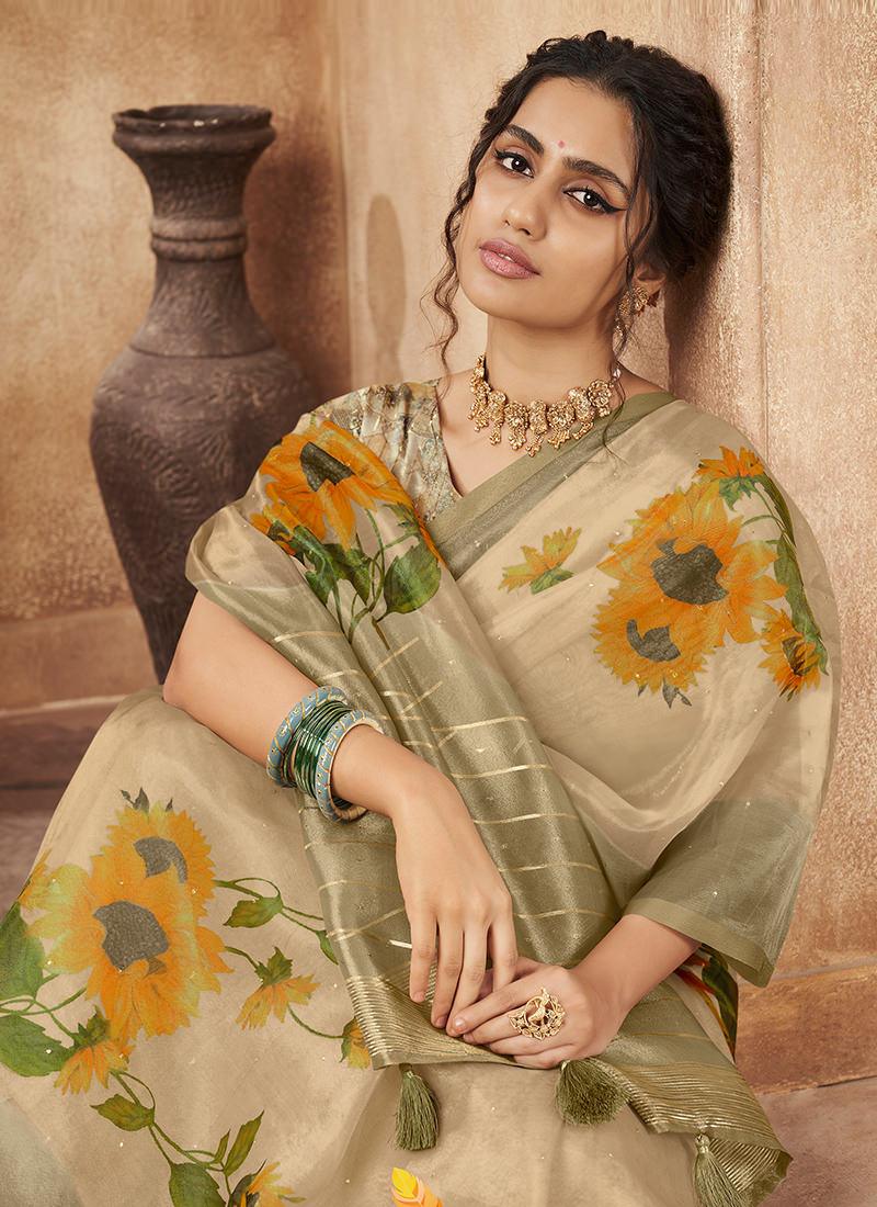 Organza Base Printed Beige Floral Saree Cheap Pice Outlet Sale