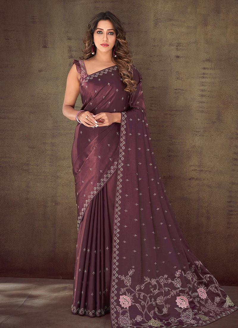 Stone Work Wine Color Classic Saree Official Sale Online