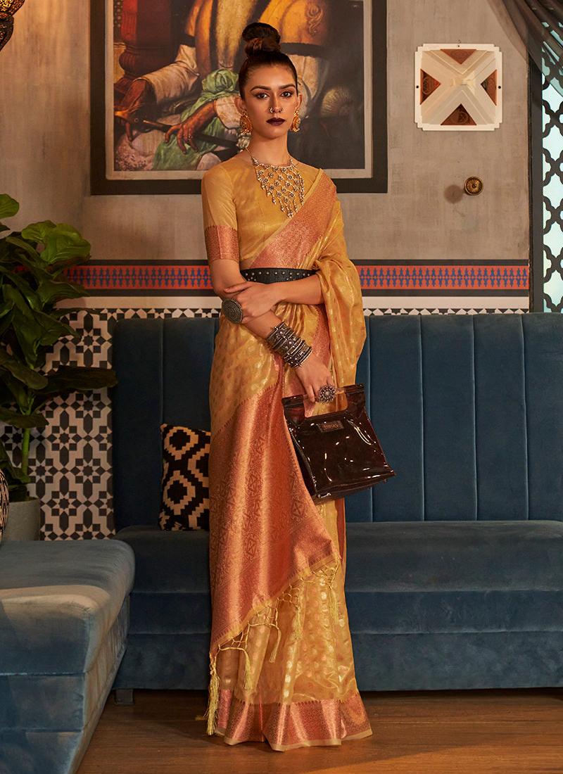 Silk Weaving Yellow Classic Wear Saree Tumblr Cheap Online