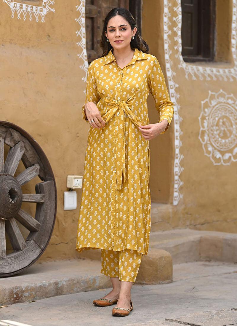 Printed Yellow Long Coat Style Kurti Geniue Stockist