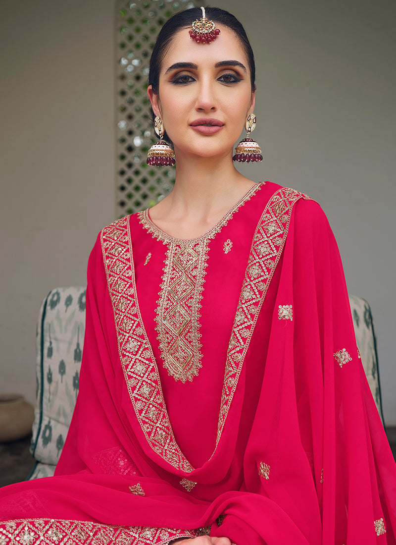 Mesmerizing Pink Embroidered Georgette Palazzo Suit Enjoy Cheap Online