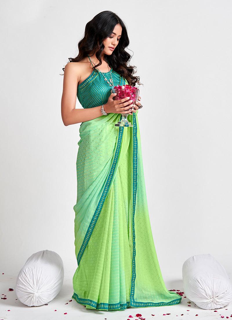 Georgette Base Parrot Green Color Printed Saree With Matching Blouse Discount Countdown Package