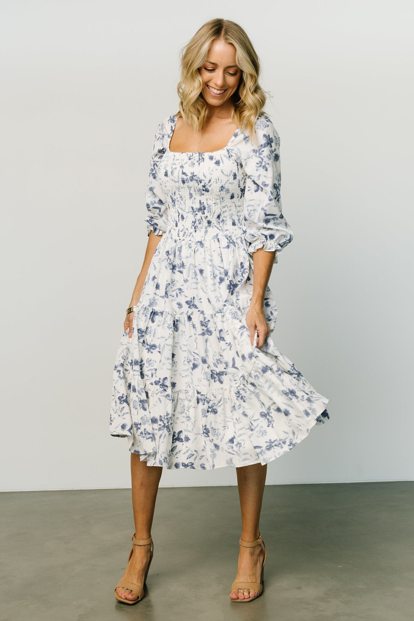 Marta Smocked Midi Dress | White + Blue 2025 Newest Online