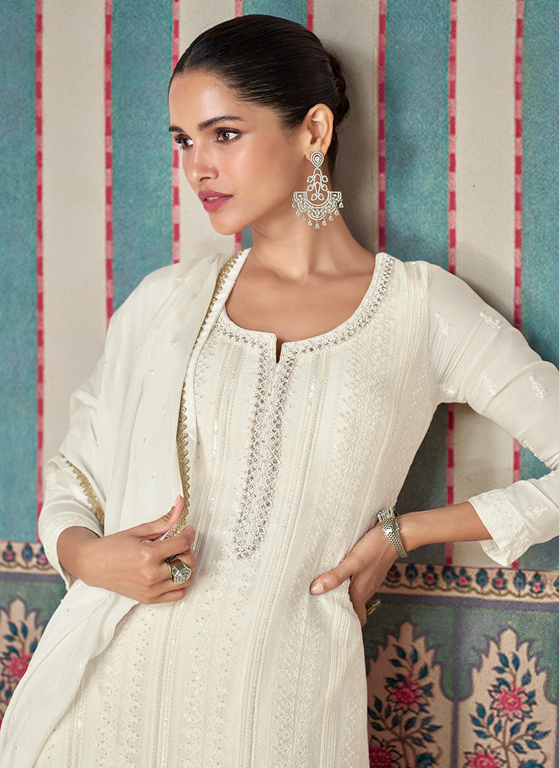 Exquisite Pearl White Embroidered Chinon Sharara Suit Sale 2025 Newest