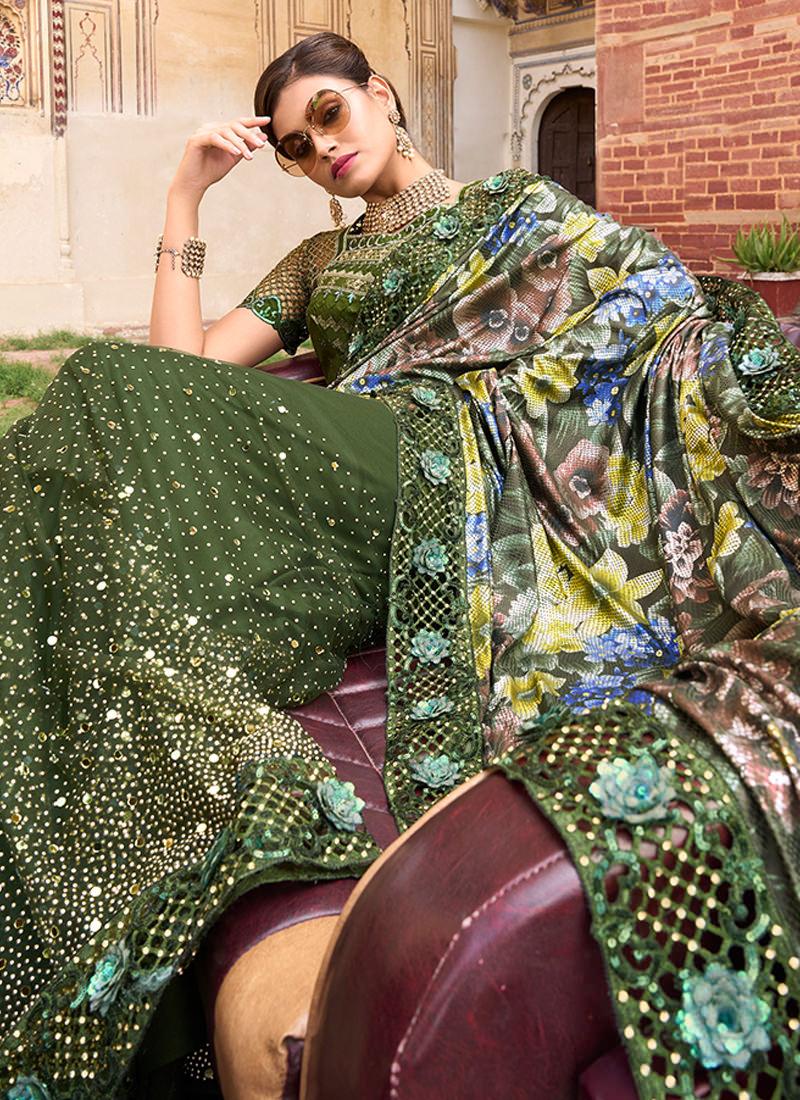 Mirror And Digital Print Embellished Mehendi Green Saree Free Shipping Best Pices