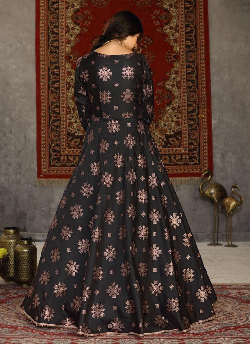 Amazing Black Color Taffeta Silk Fabric Printed Designer Gown Free Shipping For Cheap