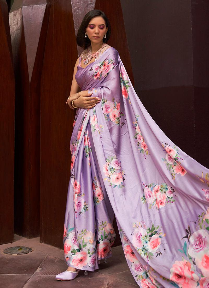 Purple Satin Crepe Floral Saree Discount High Quality