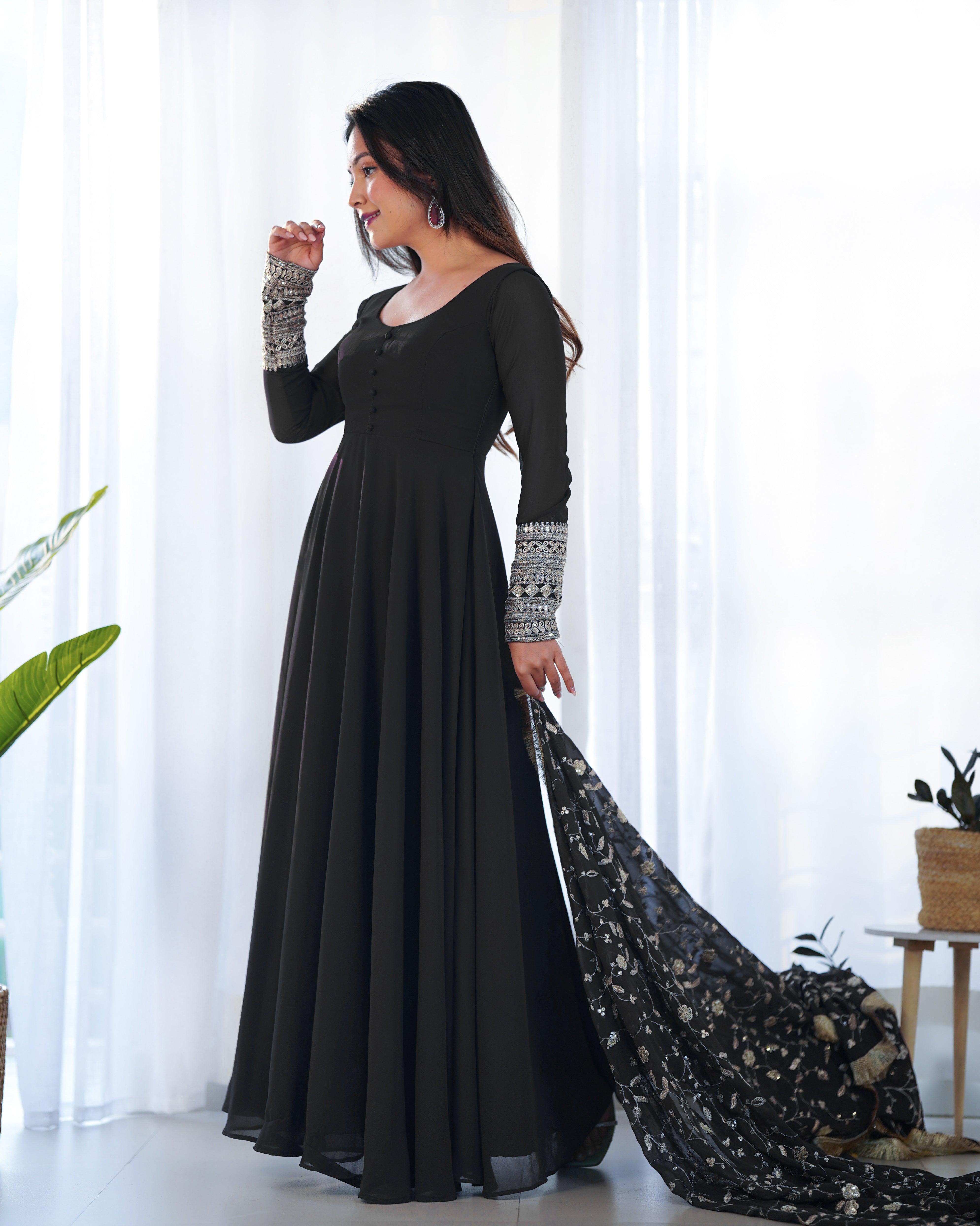 Black Color Georgette Gown With Applique Work Dupatta Buy Cheap With Mastercard