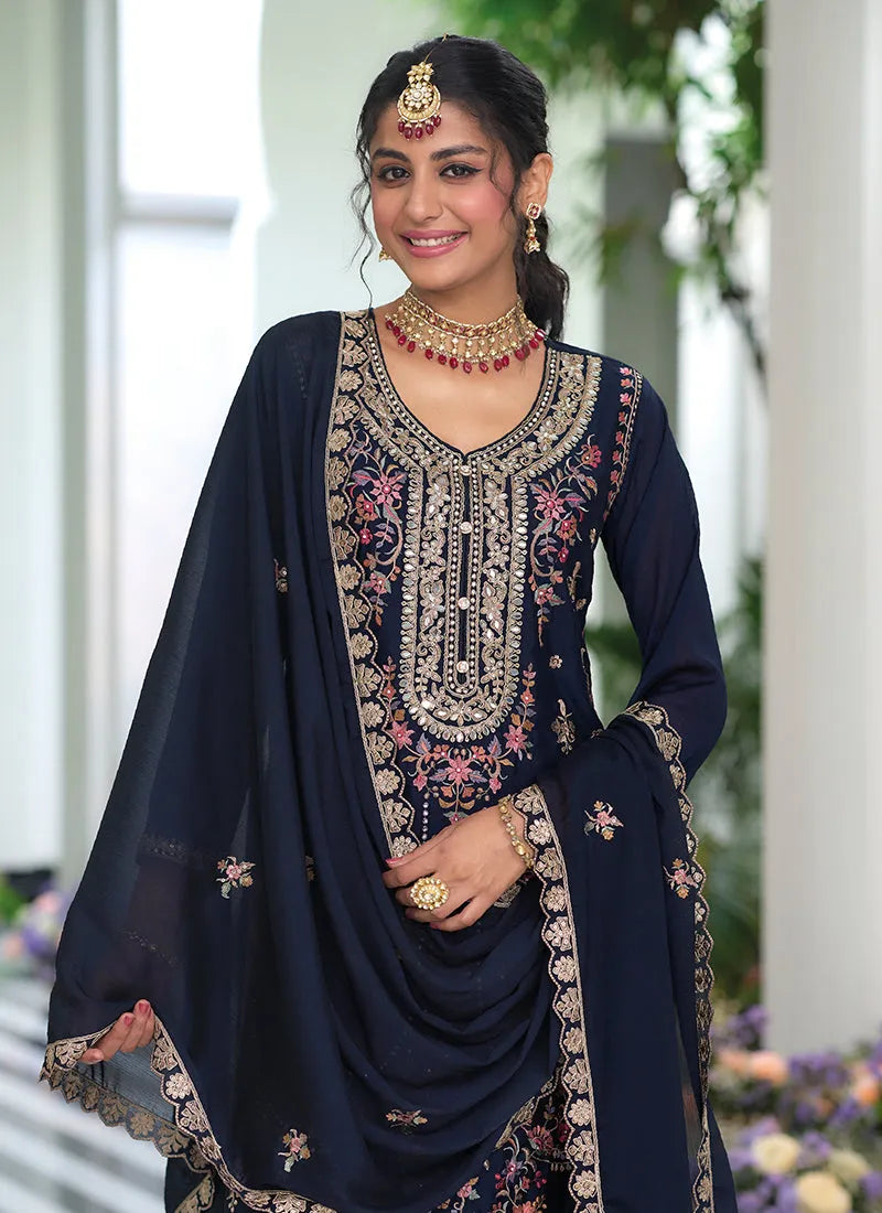 Classic Navy Blue Embroidered Traditional Palazzo Suit Manchester