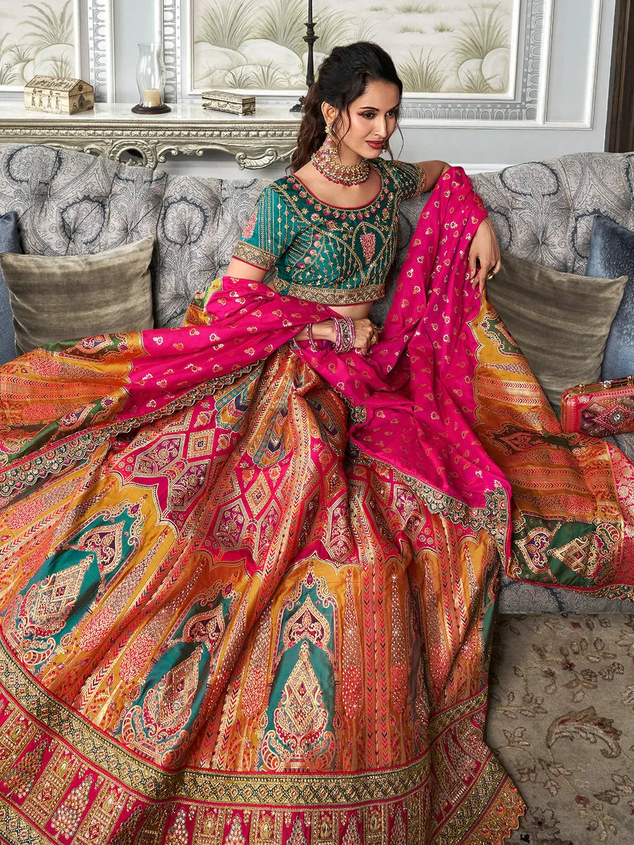 Designer Pink-Green Banarasi Silk Bridal Lehenga Choli Set Discount Eastbay