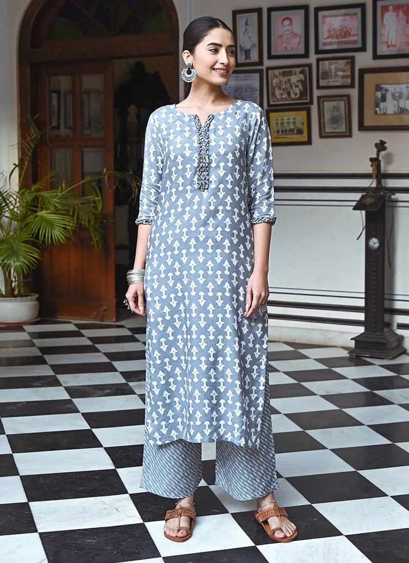 Printed Grey Long Kurti With Palazzo Cheap With Paypal