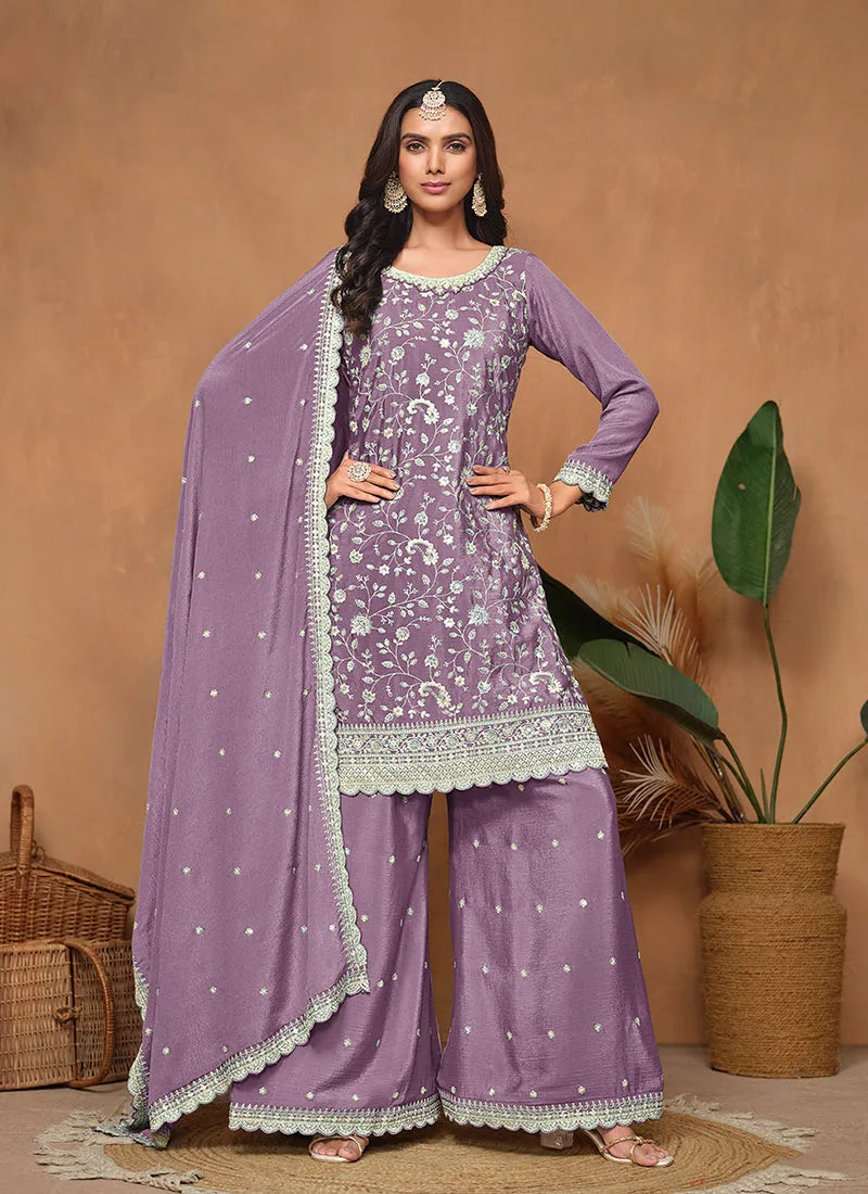 Purple Sequins Embroidered Chinon Festival Wear Top Palazzo Suit Best Place Sale Online