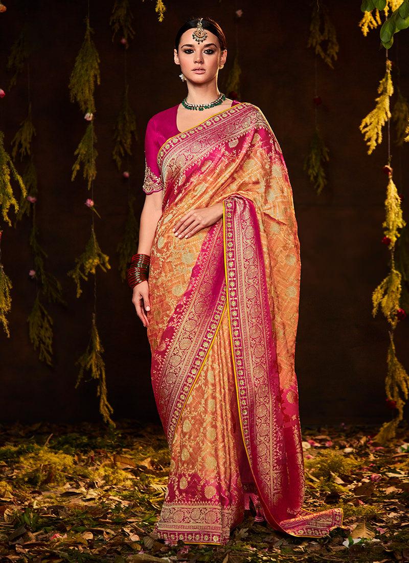 Embroidered Blouse With Light Orange Bandhej Saree Real Sale Online