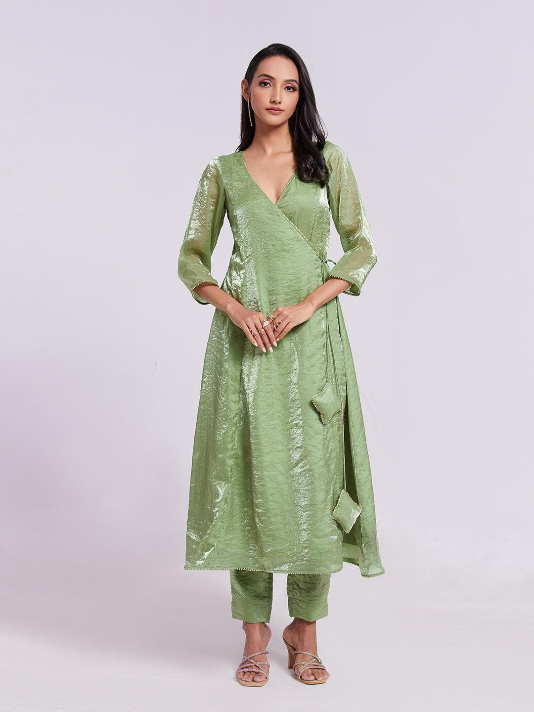 Olive Green ready-to-wear organza salwar kameez with tassels Classic For Sale