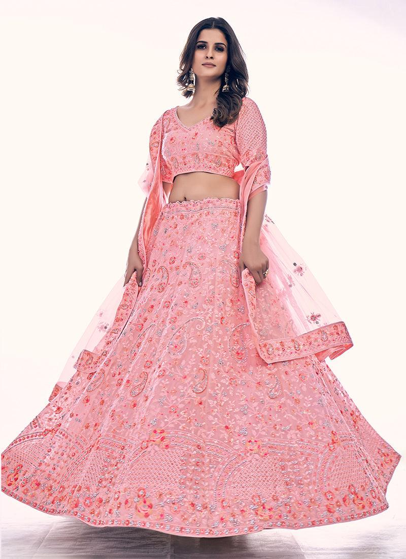 Heavy Embroidered Pink Soft Net Lehenga Pay With Visa Cheap Pice