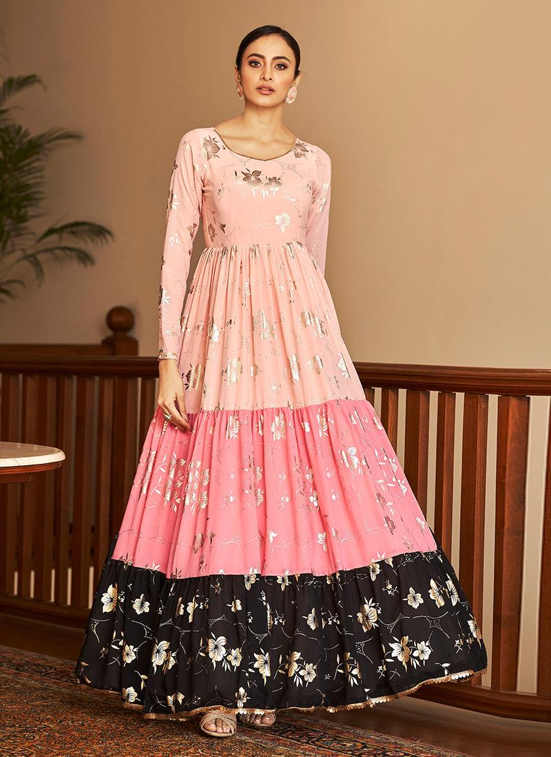 Pink Color Georgette Base Designer Gown With Metallic Foil Work Discount The Cheapest