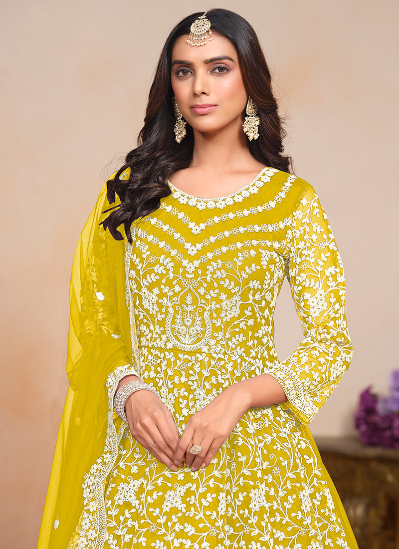 Radiant Bright Yellow Designer Embroidered Anarkali Gown Free Shipping With Paypal