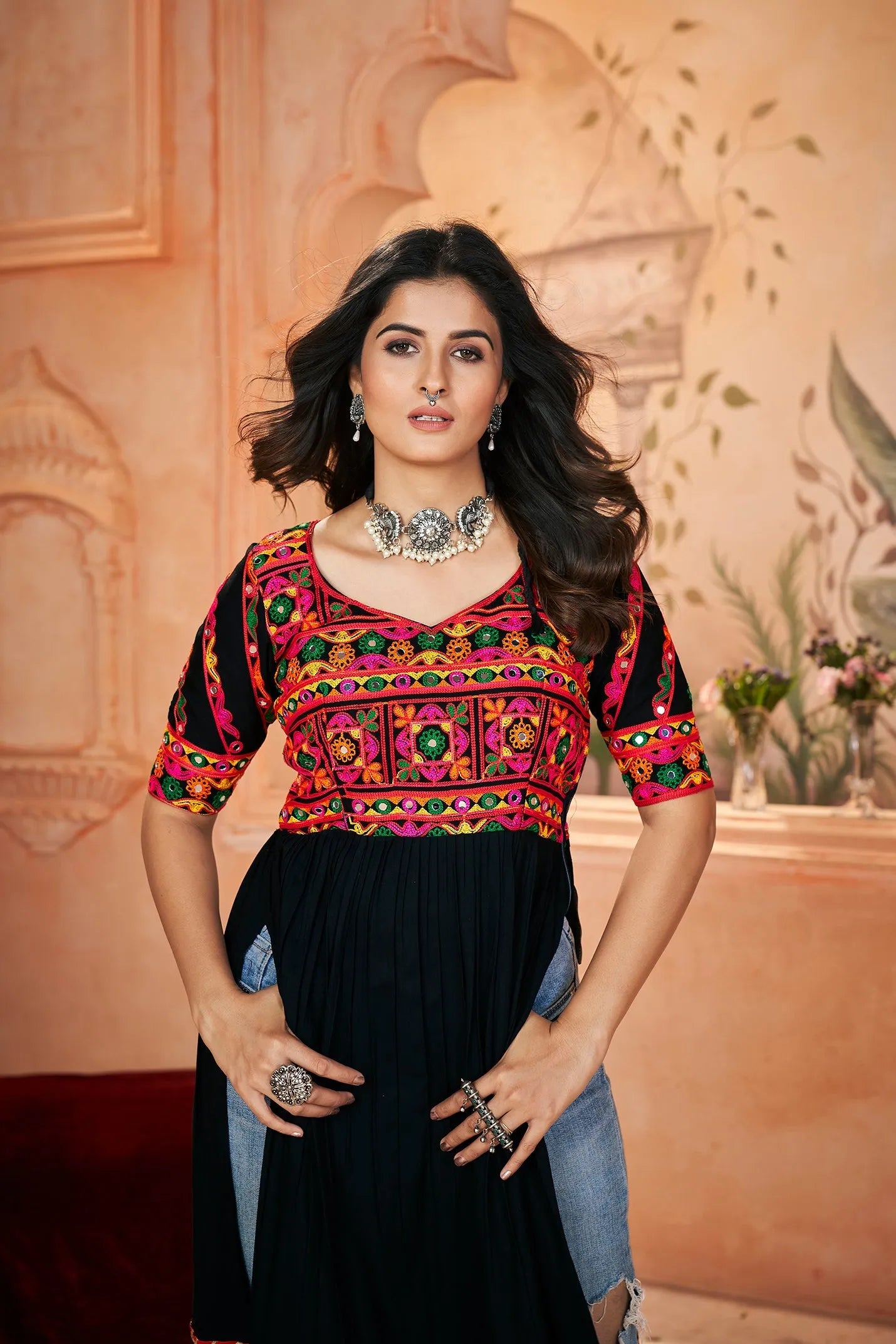 Navratri Wear Black Rayon Printed Embroidered Kurti Cheap Sale With Mastercard