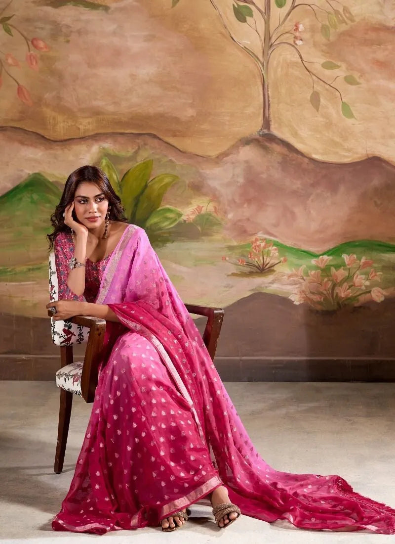 Digitally Printed Zari Weaving Georgette Silk Saree in Pink Sast