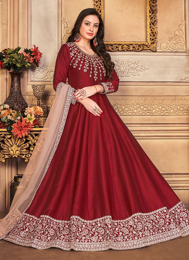 Art Silk Maroon Embroidered Gown Sale Top Quality