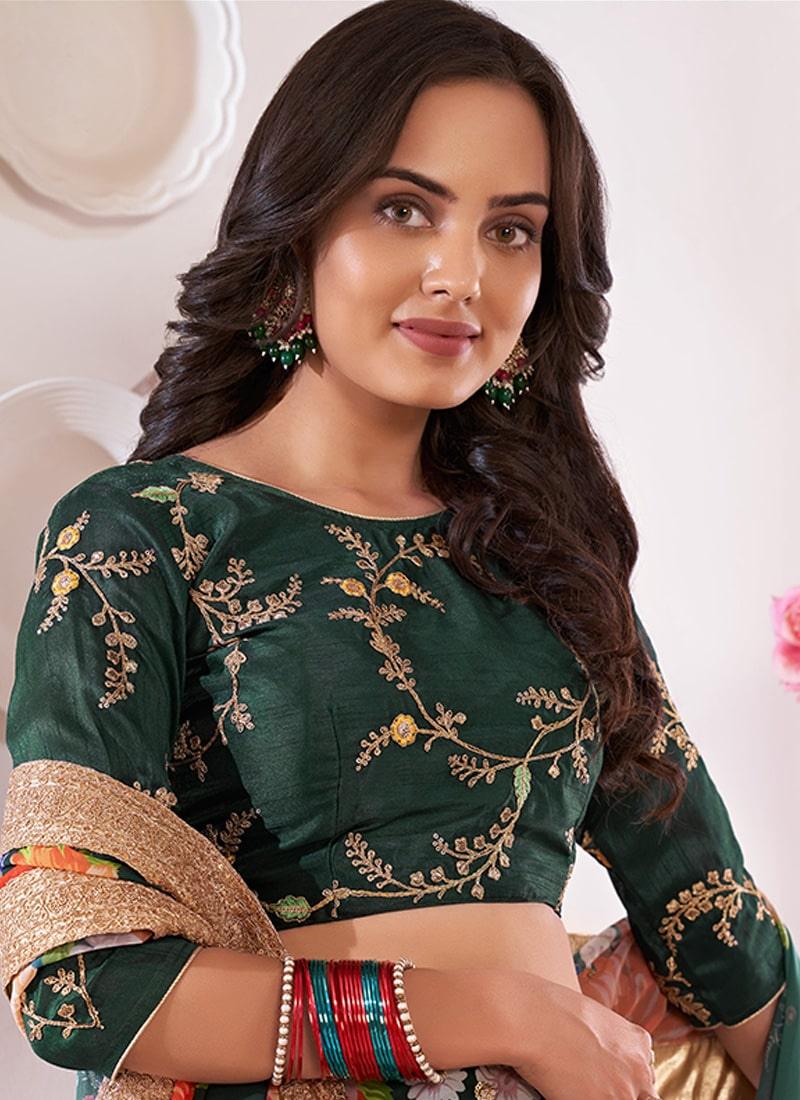 Dark Green Color Georgette Material Floral Print Lehenga Shop For Cheap Pice