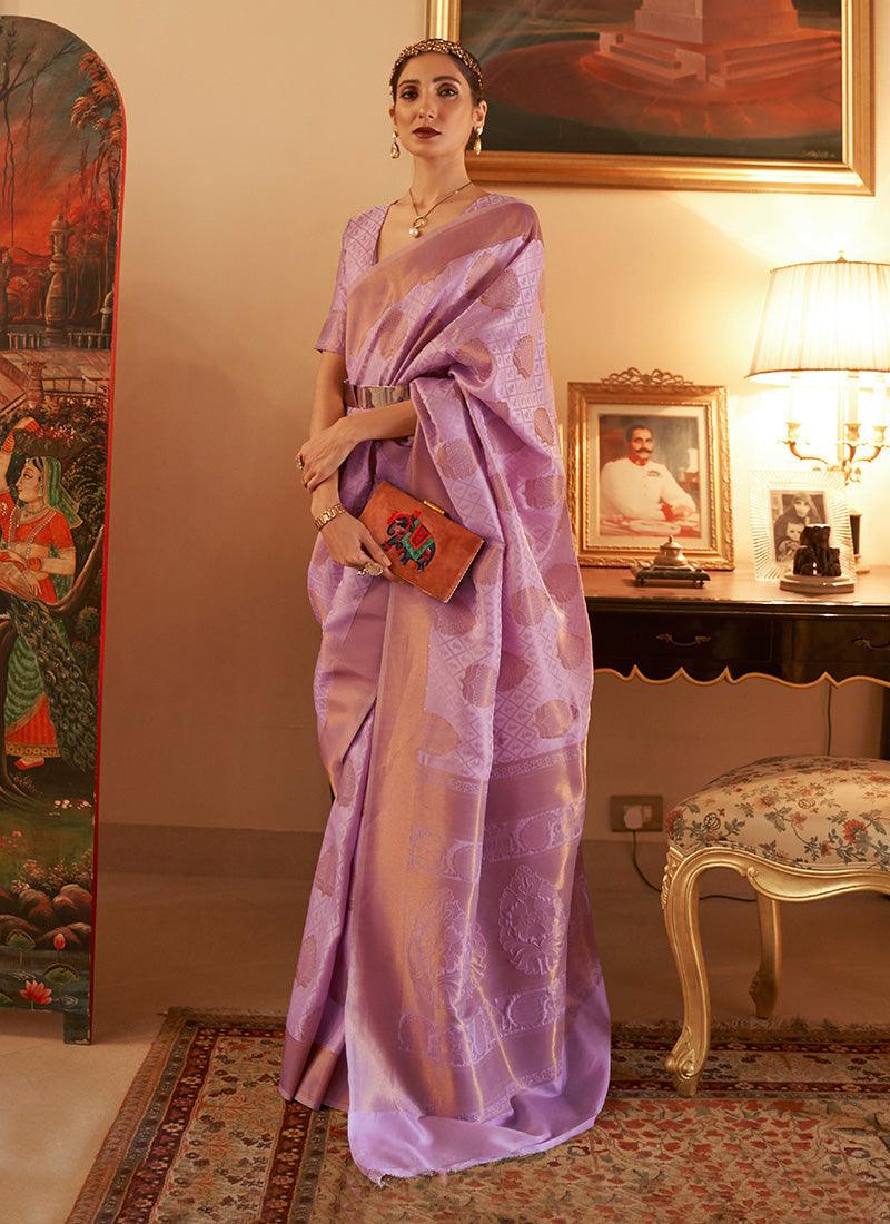 Light Purple Color Silk Base Silk Weave Saree With V-Neck Blouse Cheap Best Sale