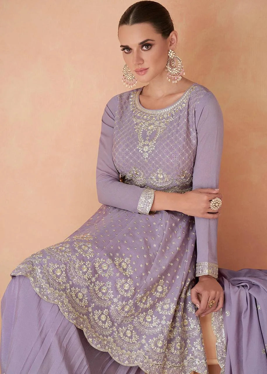 Luxurious Lavender Chinon Embroidered Sharara Suit Free Shipping Online