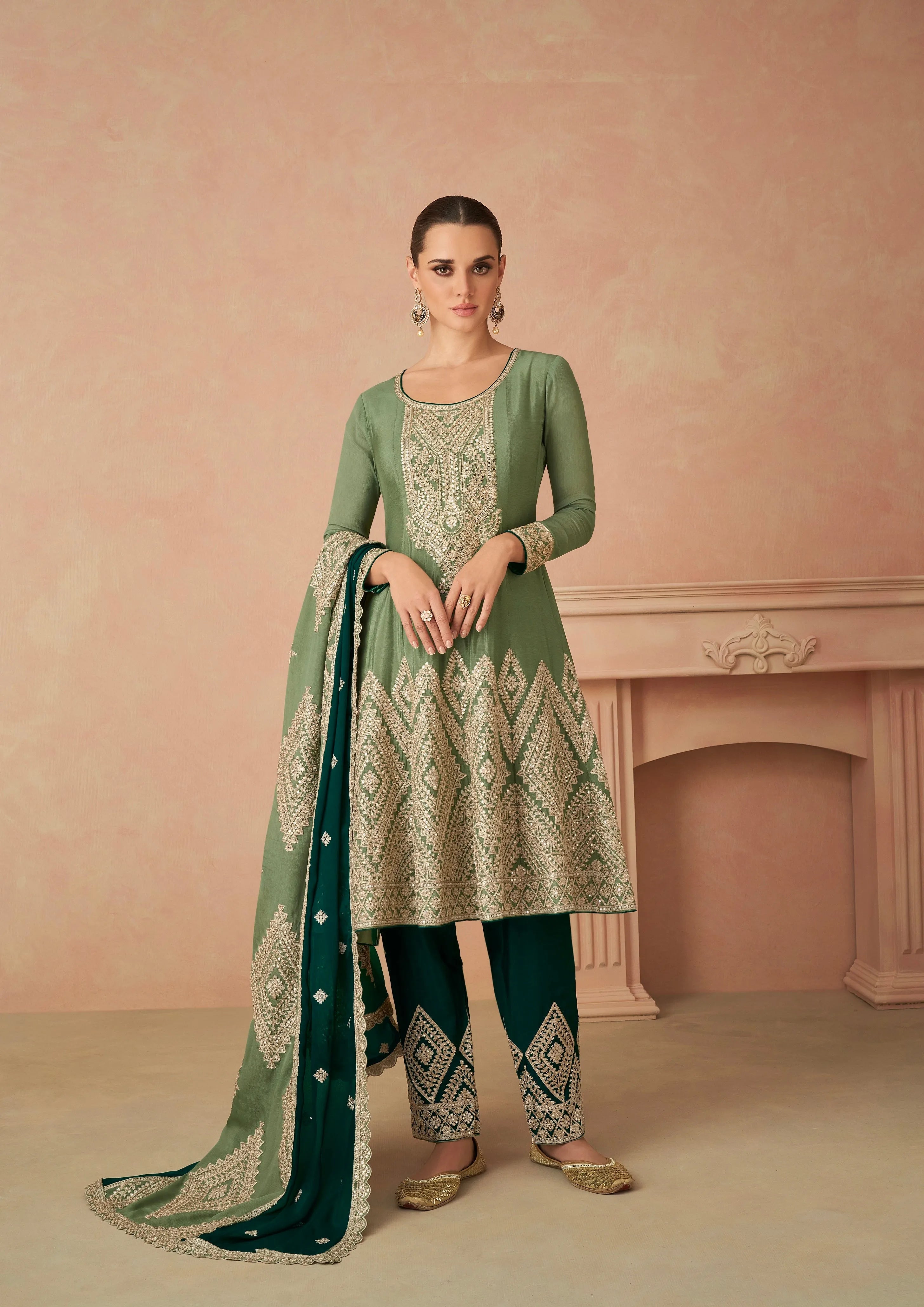 Impressive Olive Green Embroidered Chinon Salwar Set Free Shipping Largest Supplier