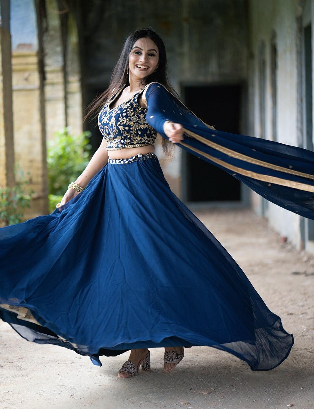 Navy Blue Georgette Sequins Thread Embroidered Lehenga Choli Cheap Sale Cheapest