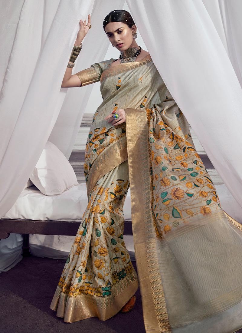 Cream Color Silk Fabric Printed Saree Sale Footlocker Finishline