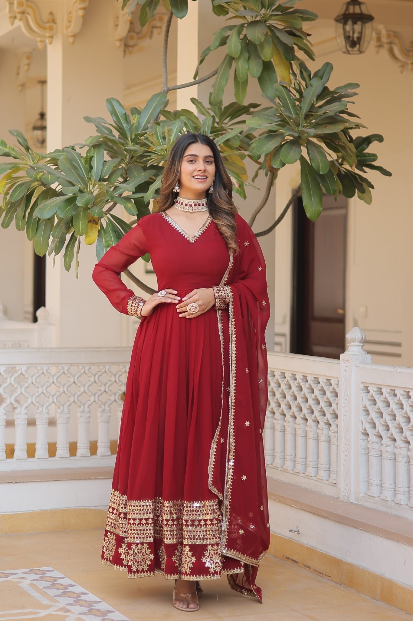 Maroon Georgette Embroidered Gown with dupatta Nicekicks