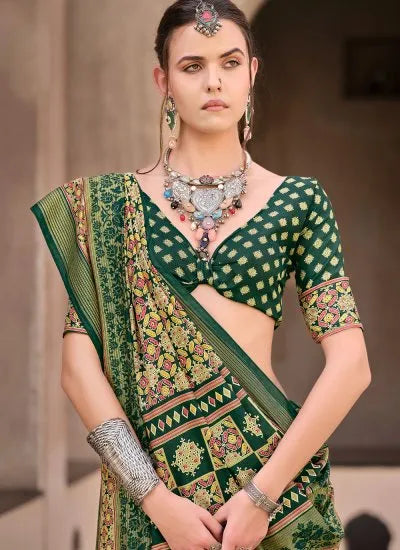 Divine Dark Green Ajrakh Printed Sigma Silk Traditional Saree On Hot Sale