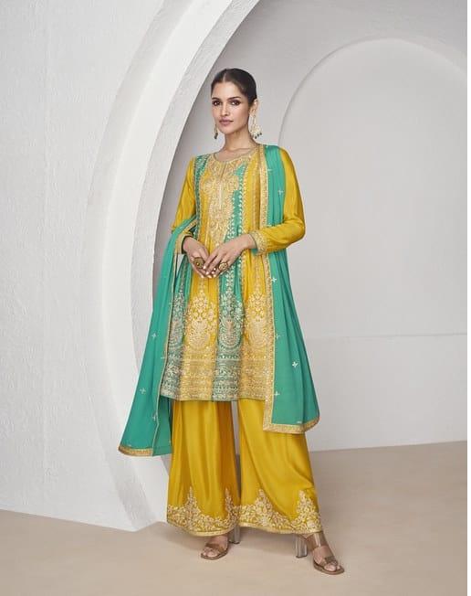 Yellow silk Embroidered and Sequined palazzo suit with dupatta Cheap Sale With Paypal