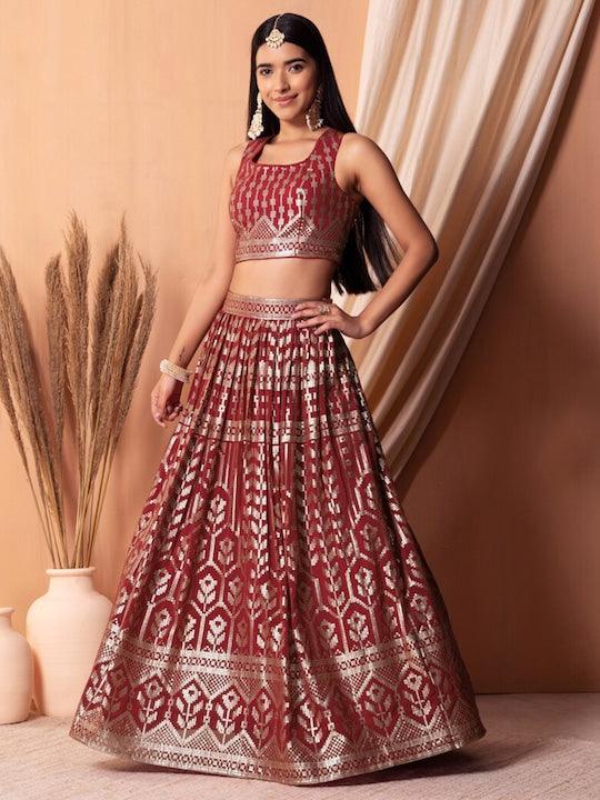 Maroon Georgette Sequinned pleated Lehenga Choli Cheap Discounts