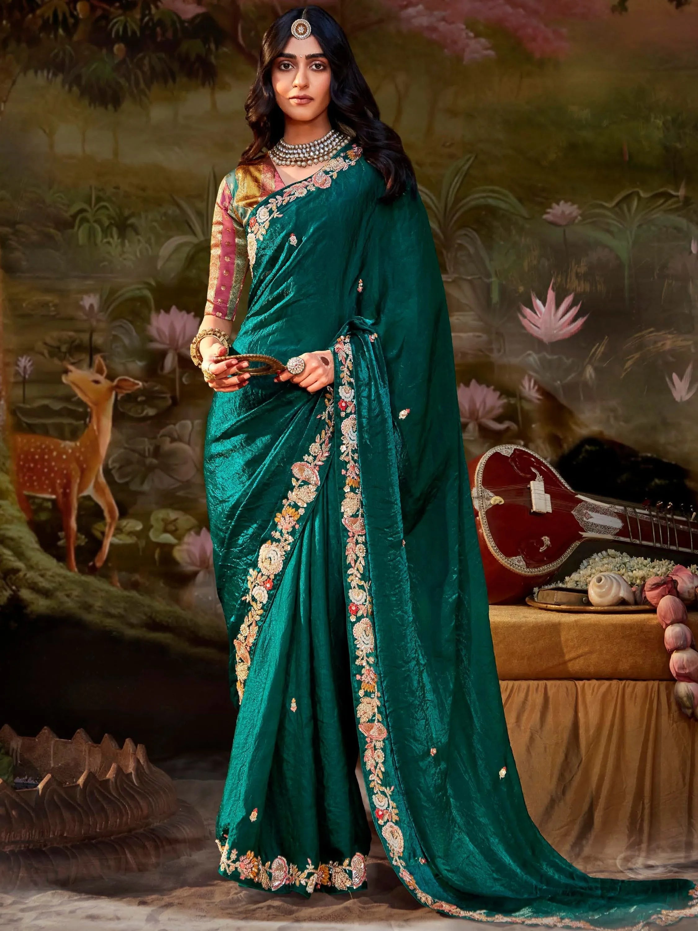 Teal Green Pure Organza Festive Wear Designer Saree With Blouse Clearance Recommend