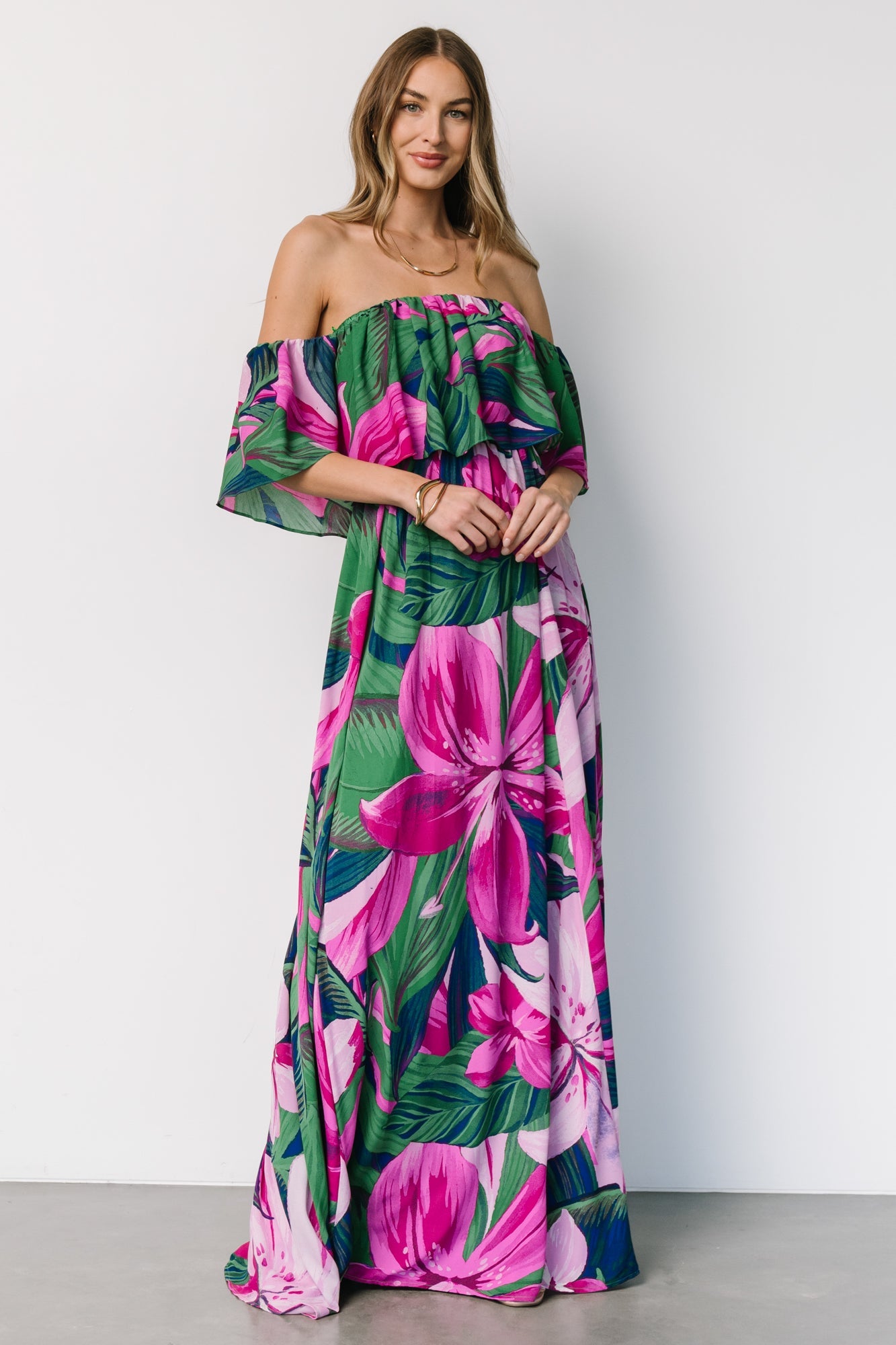 Azalea Off Shoulder Maxi Dress | Green + Fuchsia Floral Cheap Pice Buy Discount