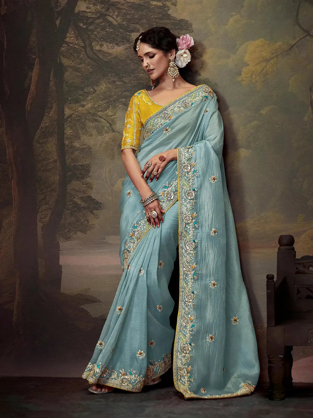 Elegant Sky Blue Embroidered Fancy Saree Manchester Great Sale Cheap Pice