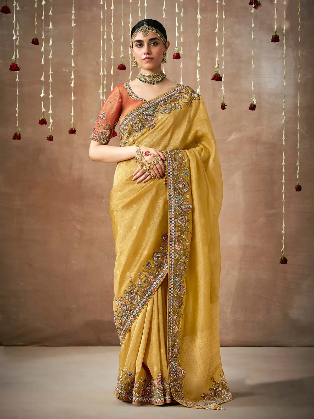 Luminous Mustard Yellow Designer Silk Embroidered Saree Pay With Paypal