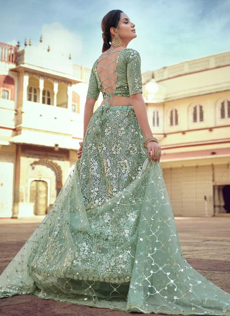 Adorable Look Green Color Soft Net Material Sequins Work Lehenga Choli Free Shipping Hot Sale