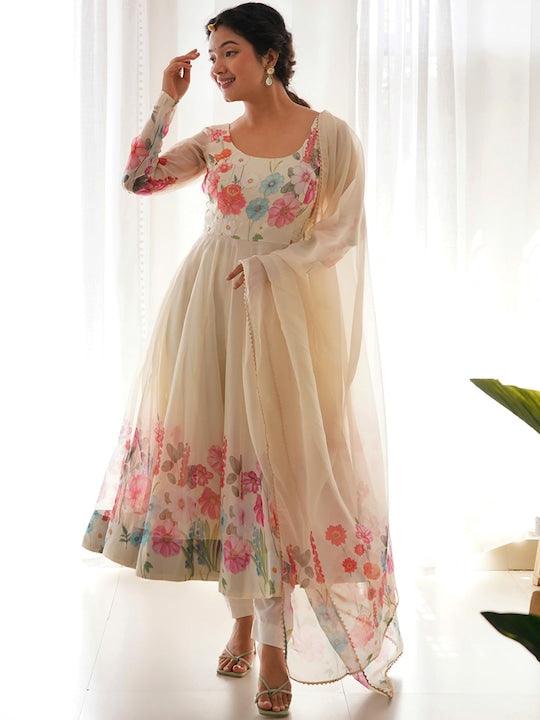 Cream silk Floral Printed anarkali suit with dupatta Cheap Sale View