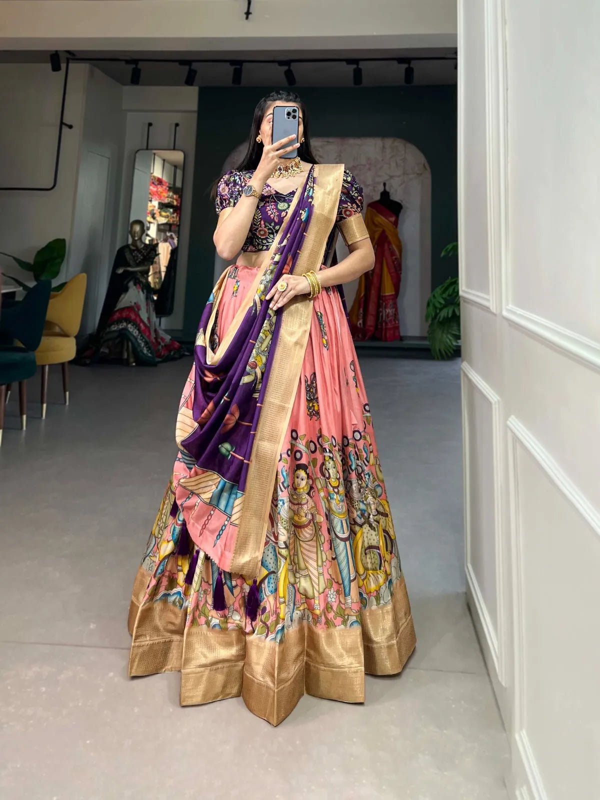 Alluring Dola Silk Kalamkari Printed Lehenga Choli Set Discounts Sale Online