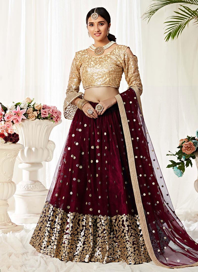 Heavy Sequins Bell Sleeves Maroon Lehenga Low Pice Fee Shipping Online