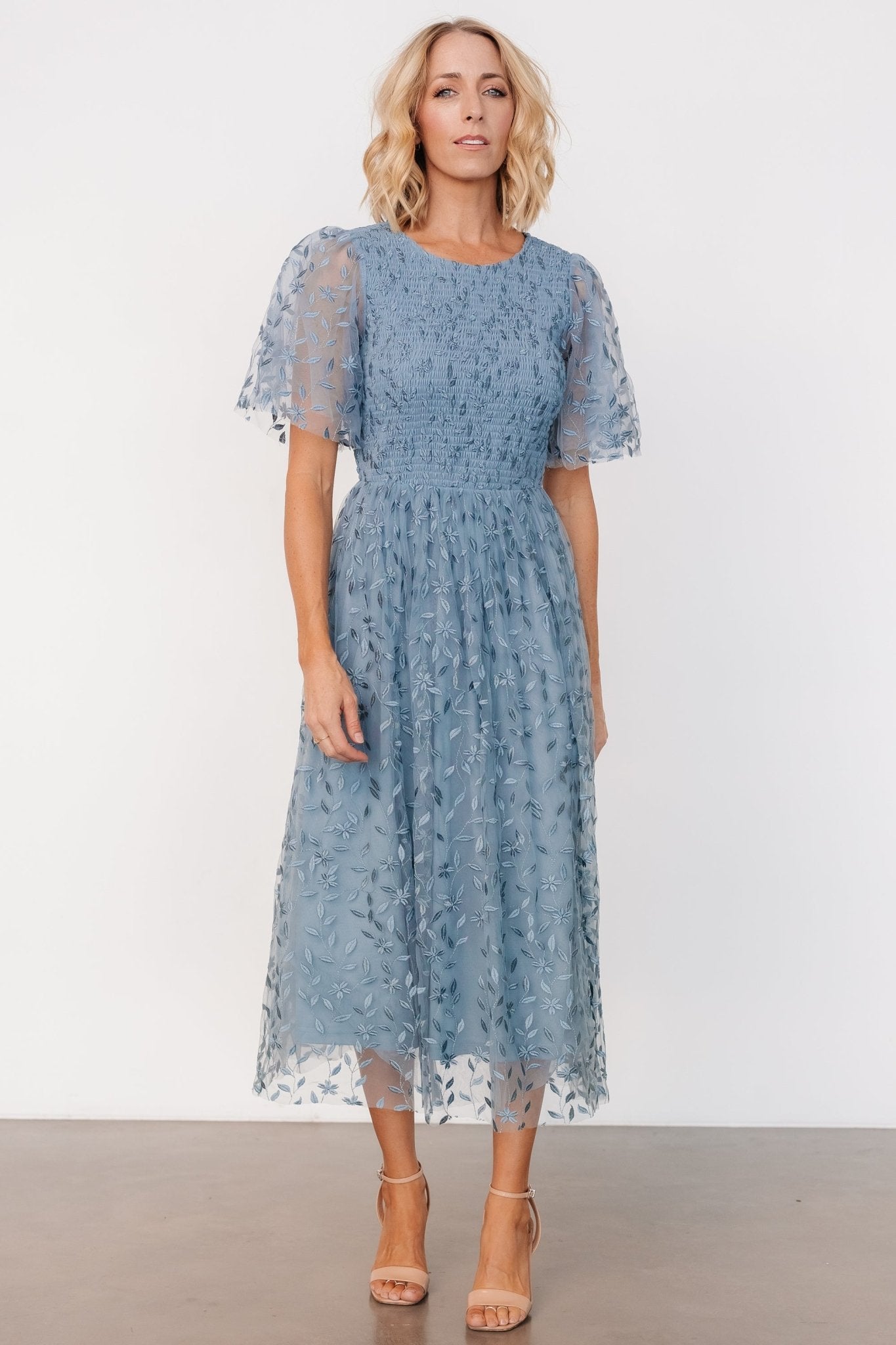 Kendra Embroidered Dress | Dusty Blue Deals Cheap Pice