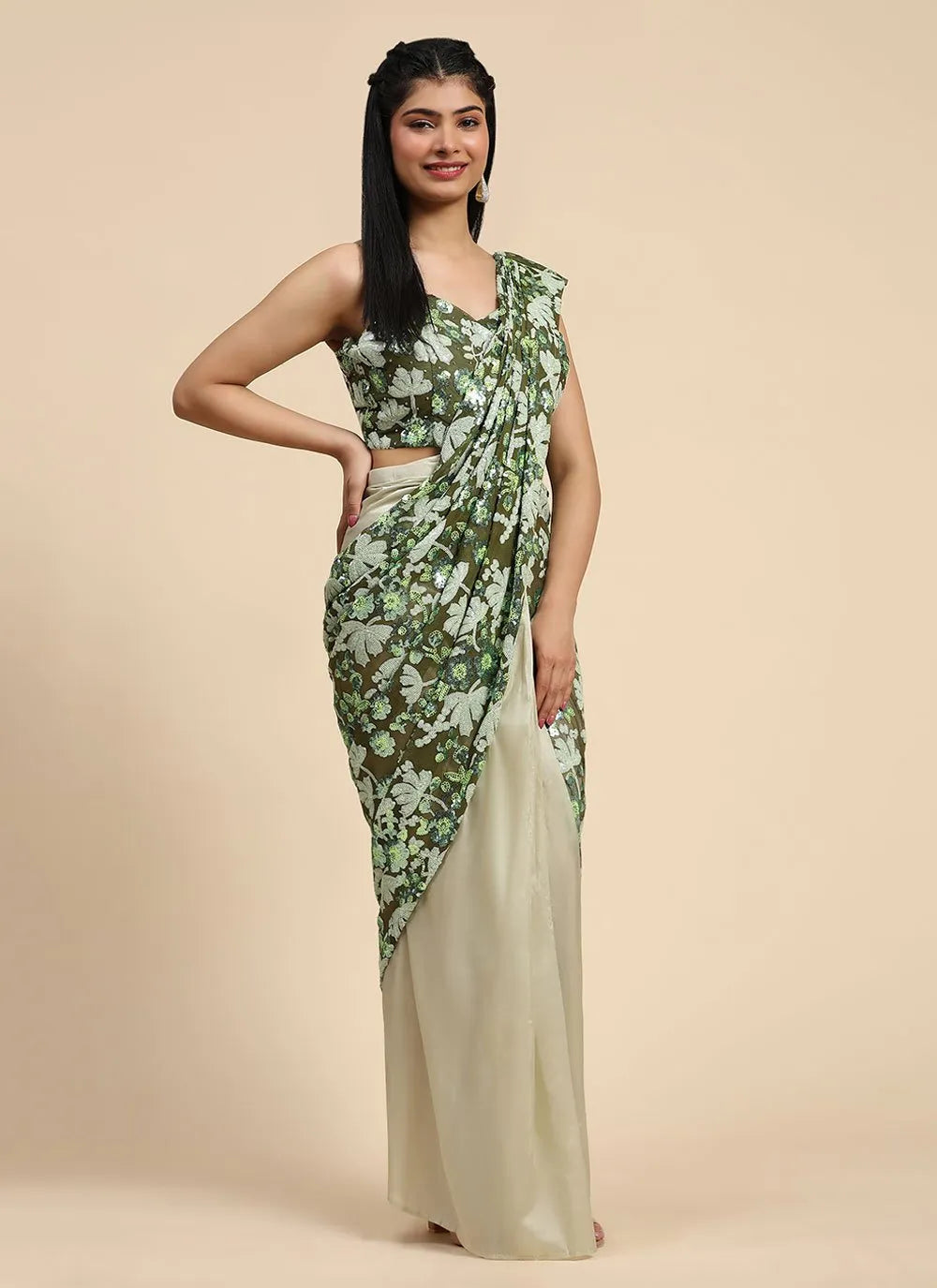 Thistle Green Floral Printed Partywear Ready To Wear Saree Buy Cheap Order