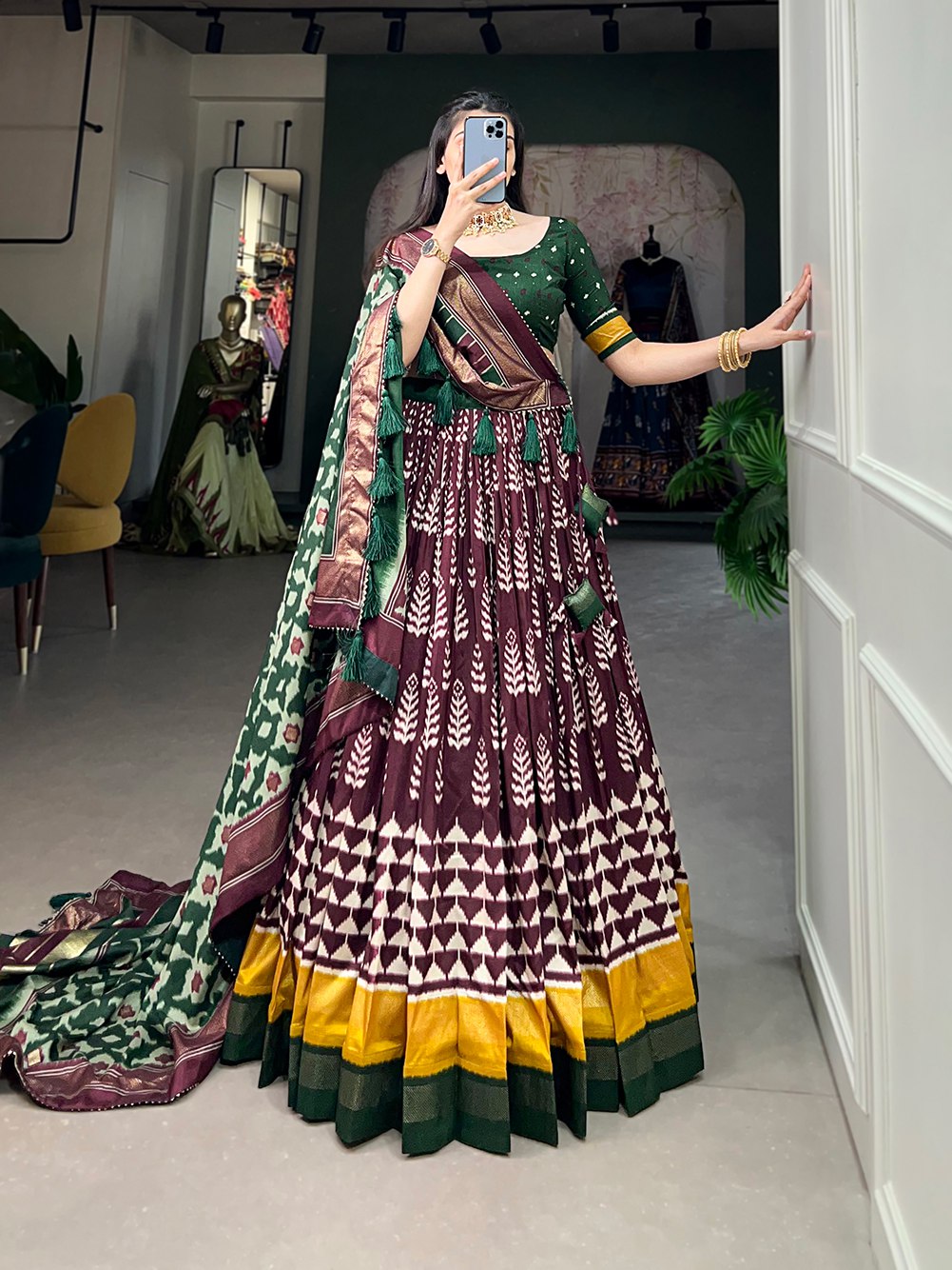 Wonderful Wine Tussar Silk Printed Foil Worked Lehenga Choli Brand New Unisex