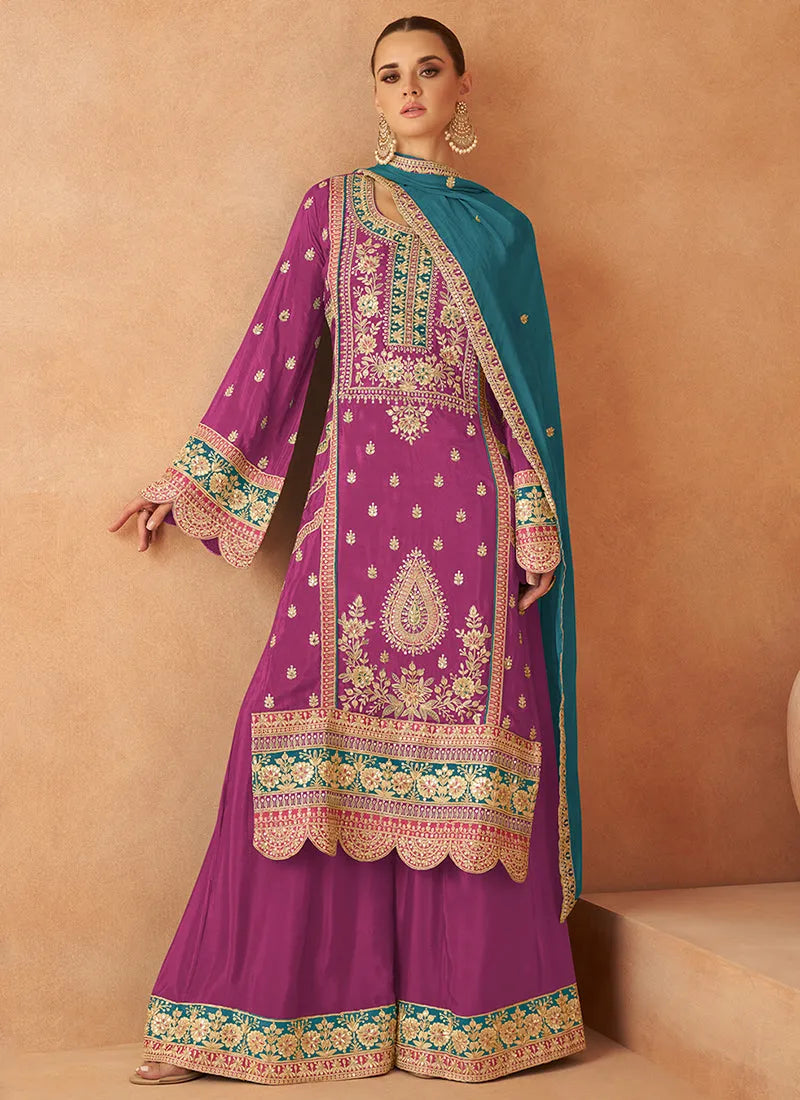 Luxurious and Classic Pure Chinon Embroidered Palazzo Suit Clearance With Credit Card