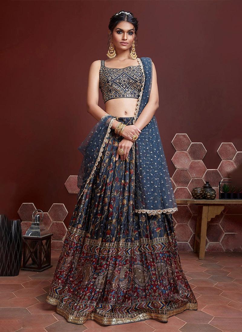 Navy Blue Color Sleeveless Blouse Floral Lehenga With Heavy Embroidered Work Low Pice Fee Shipping Online