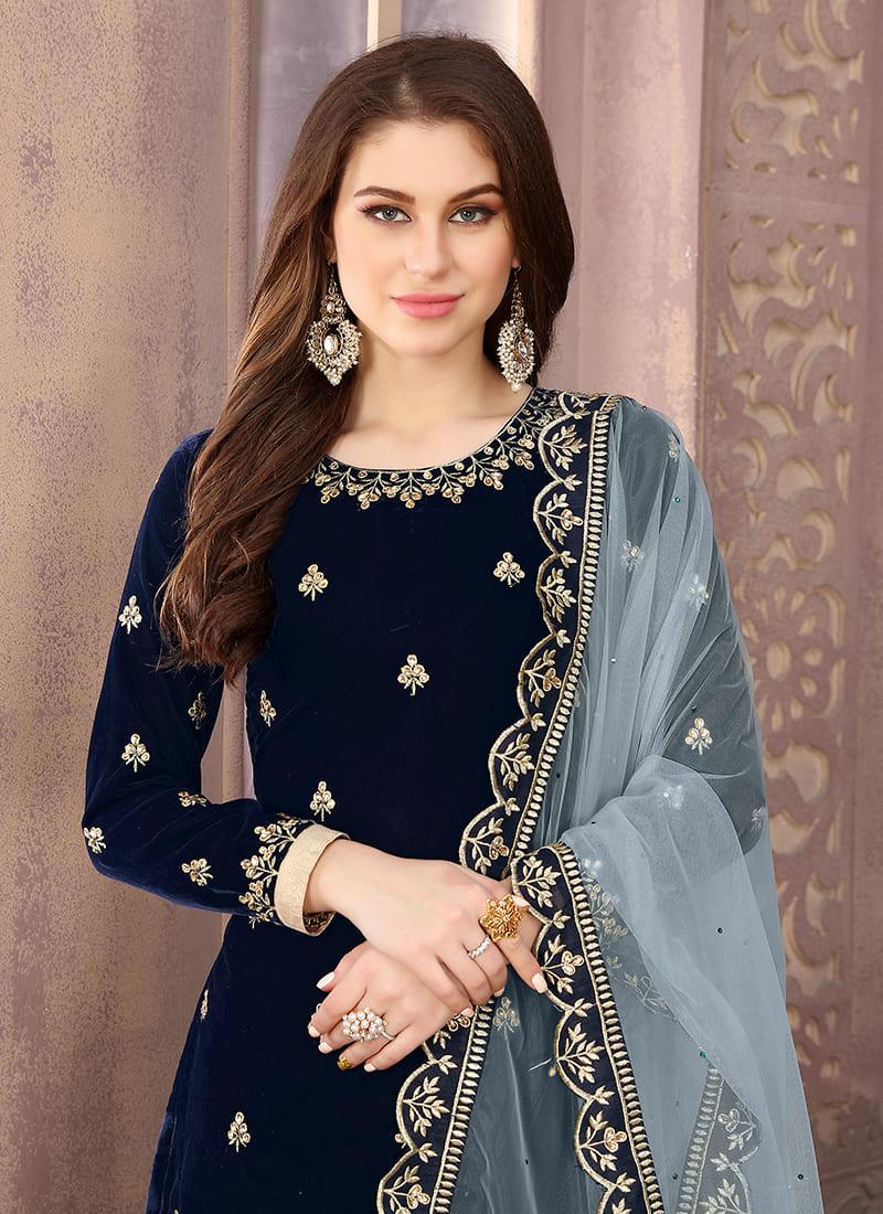 Navy Blue Velvet Embroidered Patiala Suit Countdown Package Cheap Online