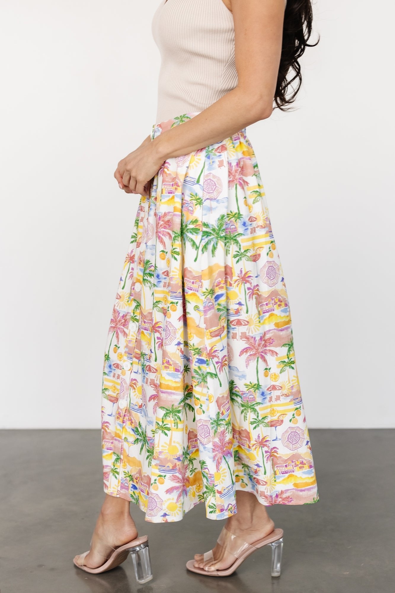 Gigi Button Midi Skirt | Off White + Multi Print Free Shipping Pices